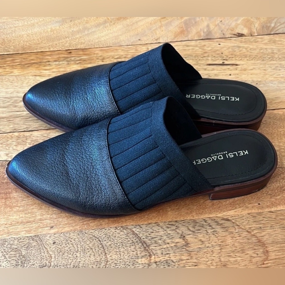 KELSI DAGGER KDB BROOKLYN AURORA BLACK LEATHER SLIDES MULES 7.5